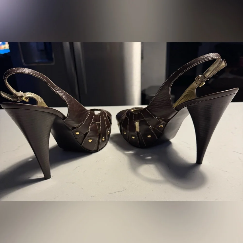 Guess by Marciano Brown Leather Peep Toe Slingback Platform Heels Size 8